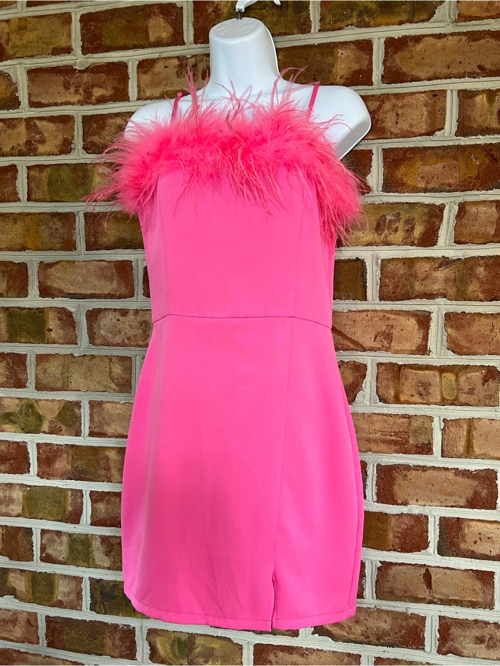 Hot Pink Feather-Trim Mini Dress